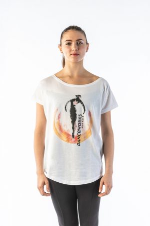 Danceworks White Slouchy Printed Tee for women DW007WBO at Danceworks shop in London