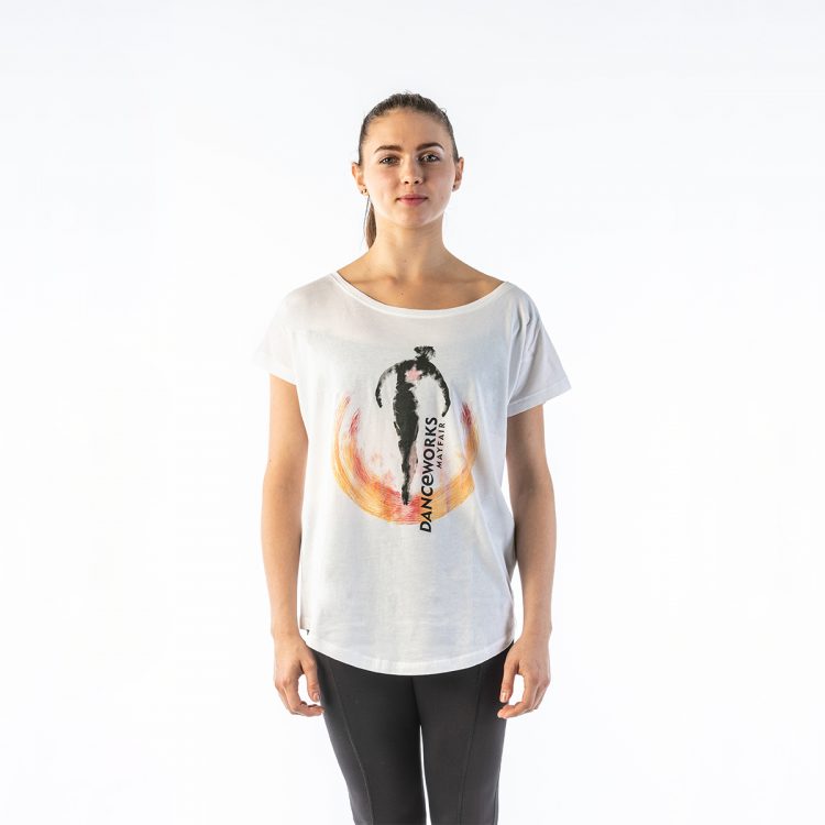 Danceworks White Slouchy Printed Tee for women DW007WBO at Danceworks shop in London