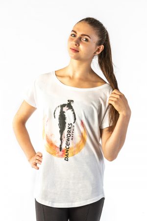 Danceworks White Slouchy Printed Tee for women DW007WBO at Danceworks shop in London
