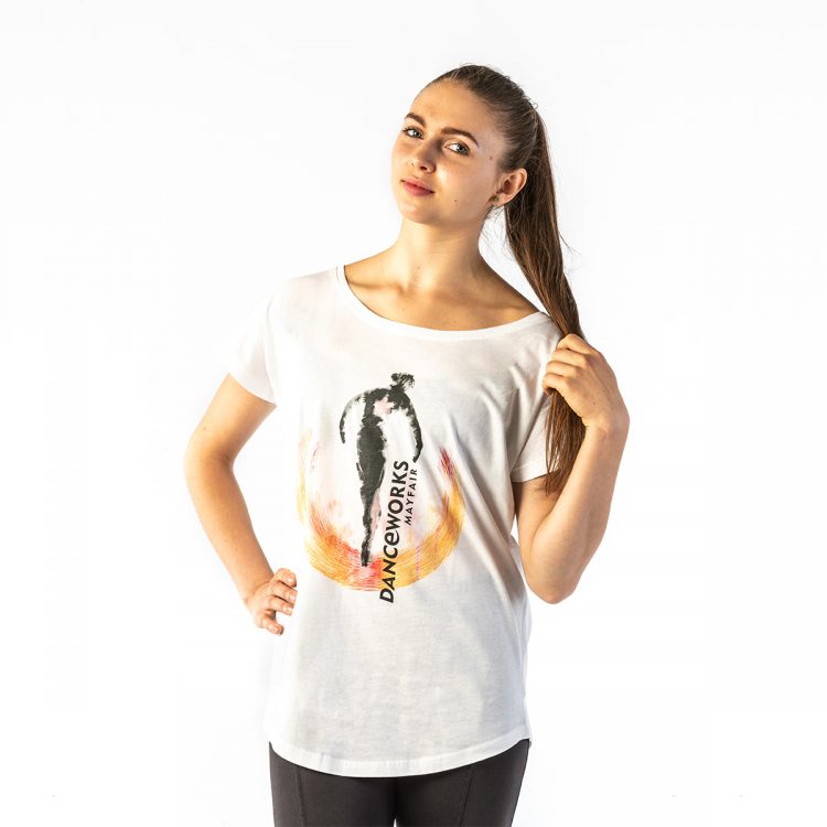 Danceworks White Slouchy Printed Tee for women DW007WBO at Danceworks shop in London