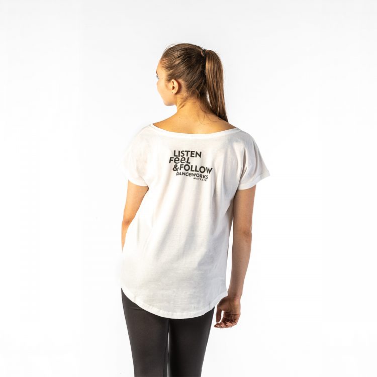 Danceworks White Slouchy Printed Tee for women DW007WBO at Danceworks shop in London